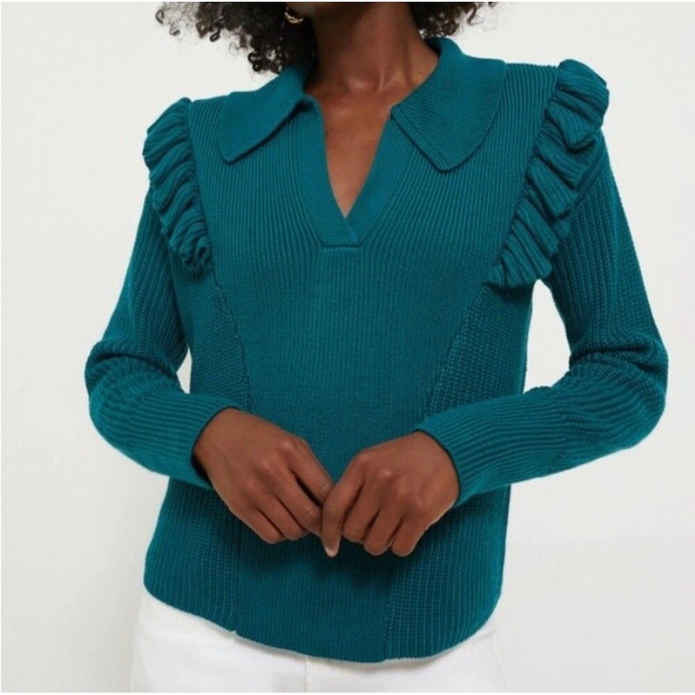 Tuckernuck Hyacinth House Womens Size Medium Teal Ruffle Collared V-Neck Sweater